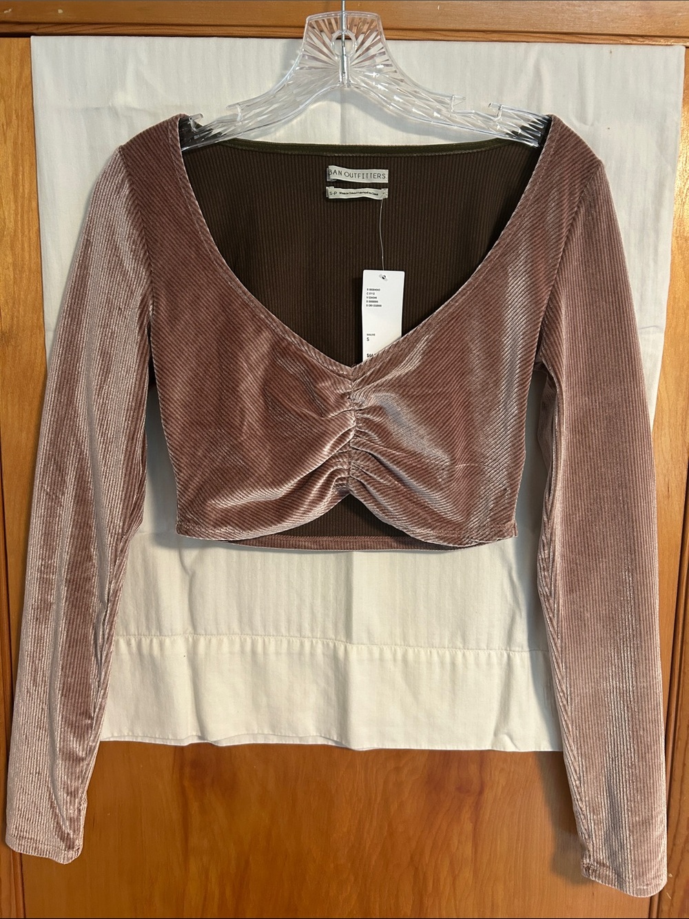 Urban Outfitters Mauve Velvet Ruched V-Neck Long-Sleeve Crop Top